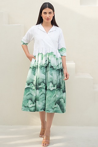 White & Green Cotton Digital Printed Dress by Merakus