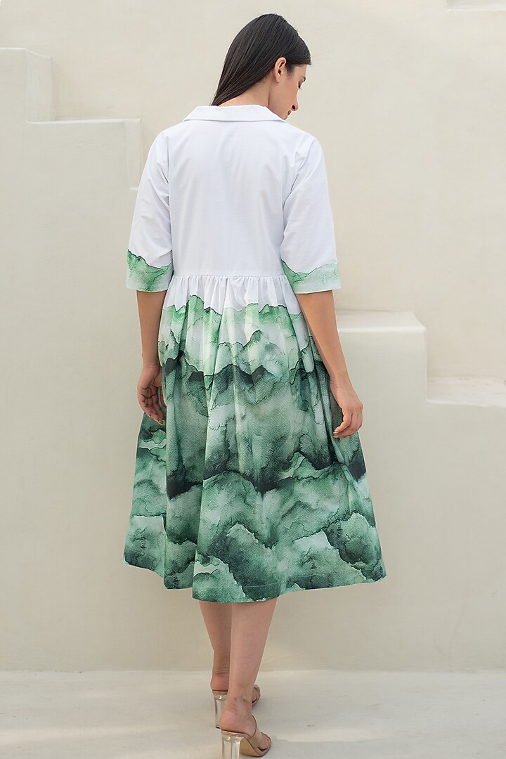 White & Green Cotton Digital Printed Summer Dress by Merakus at Pernia's Pop Up Shop
