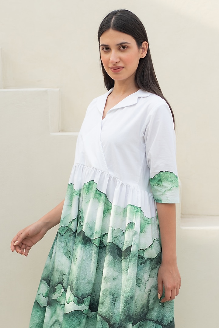 White & Green Cotton Digital Printed Summer Dress by Merakus at Pernia's Pop Up Shop