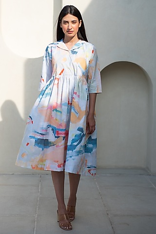 Multi-Colored Cotton Abstract Digital Printed Dress by Merakus
