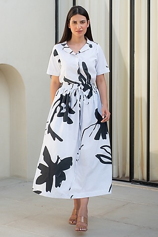 Black & White Cotton Digital Printed Skirt Set by Merakus