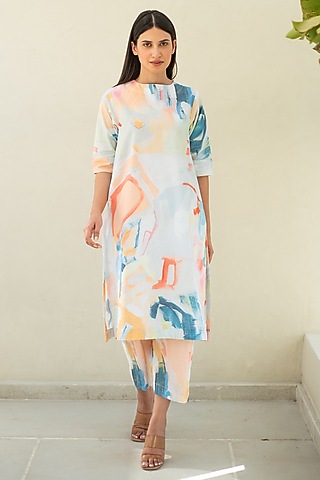 Multi-Colored Cotton Abstract Digital Printed Tunic Set by Merakus