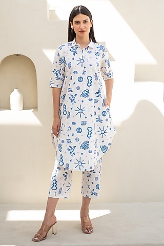 White & Blue Cotton Doodle Digital Printed Tunic Set by Merakus