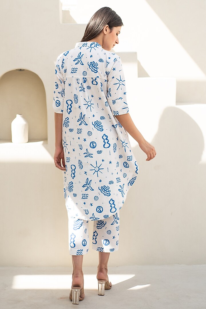 White & Blue Cotton Doodle Digital Printed Tunic Set by Merakus at Pernia's Pop Up Shop