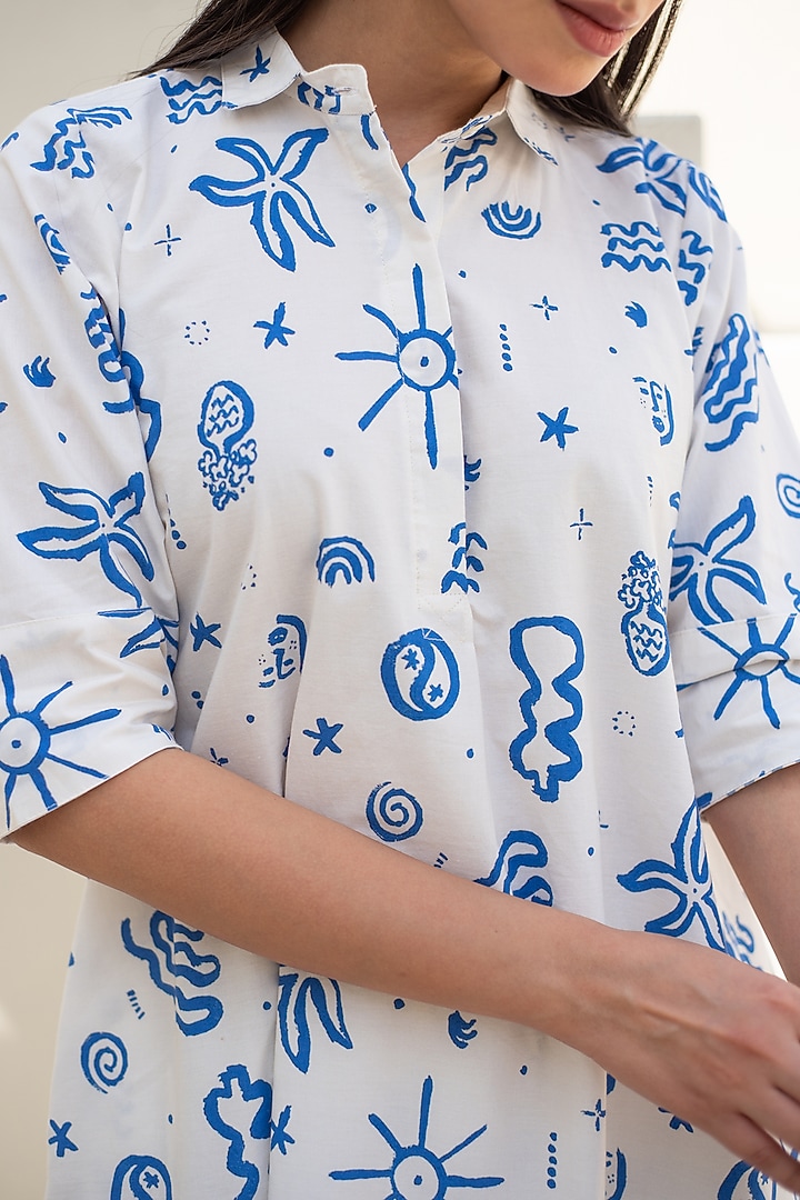 White & Blue Cotton Doodle Digital Printed Tunic Set by Merakus at Pernia's Pop Up Shop