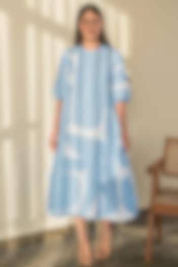 Blue Cotton Poplin Printed Flared Dress by Merakus