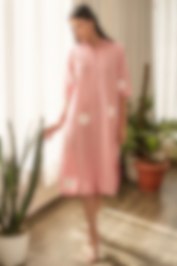 Pink Cotton Linen Polka Shirt Dress by Merakus