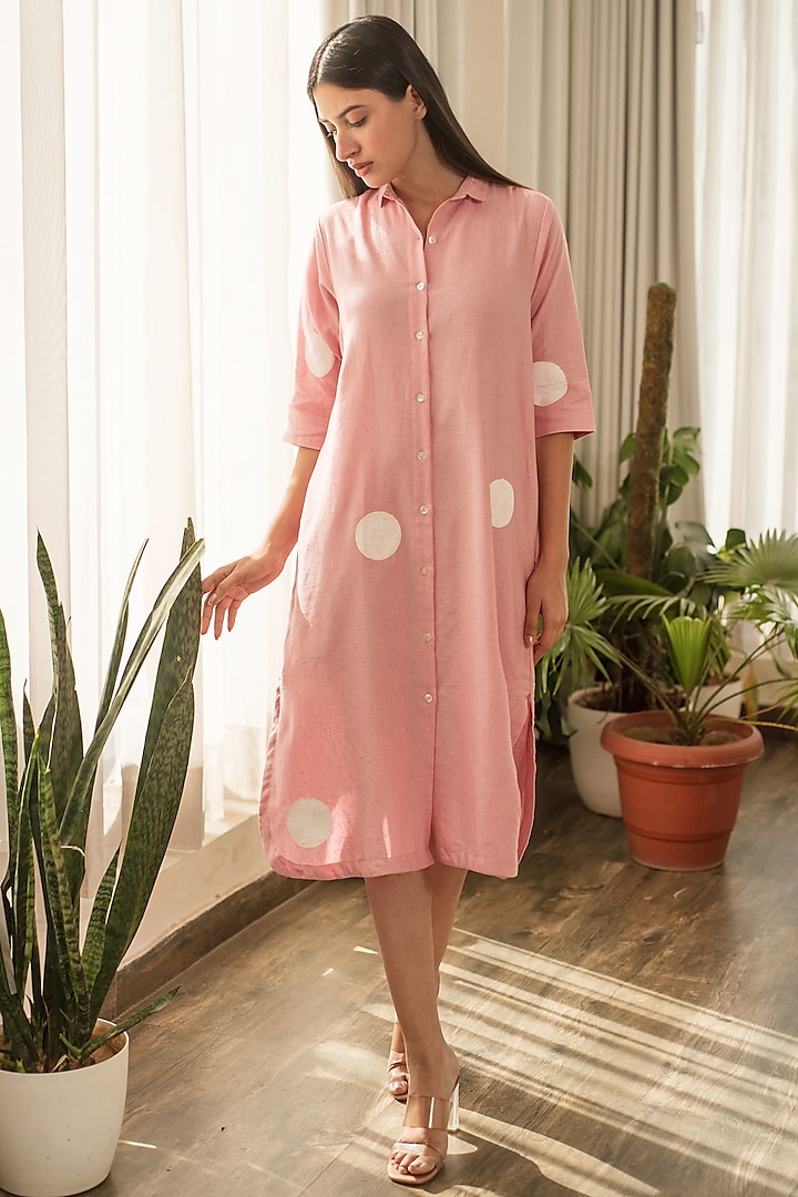 Pink Cotton Linen Polka Shirt Dress by Merakus