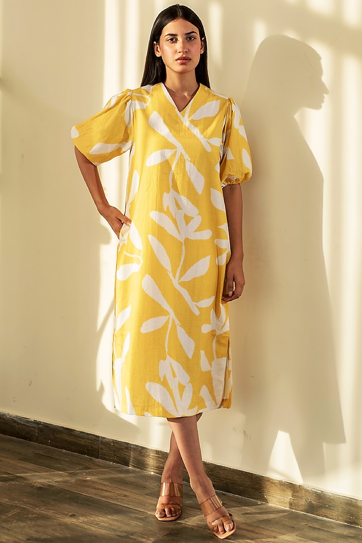 Yellow Cotton Poplin Floral Printed Dress by Merakus