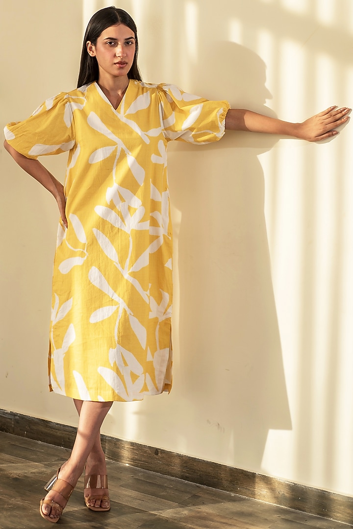 Yellow Cotton Poplin Floral Printed Summer Dress by Merakus at Pernia's Pop Up Shop
