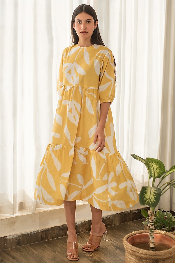 Yellow Cotton Poplin Floral Printed Tiered Dress by Merakus