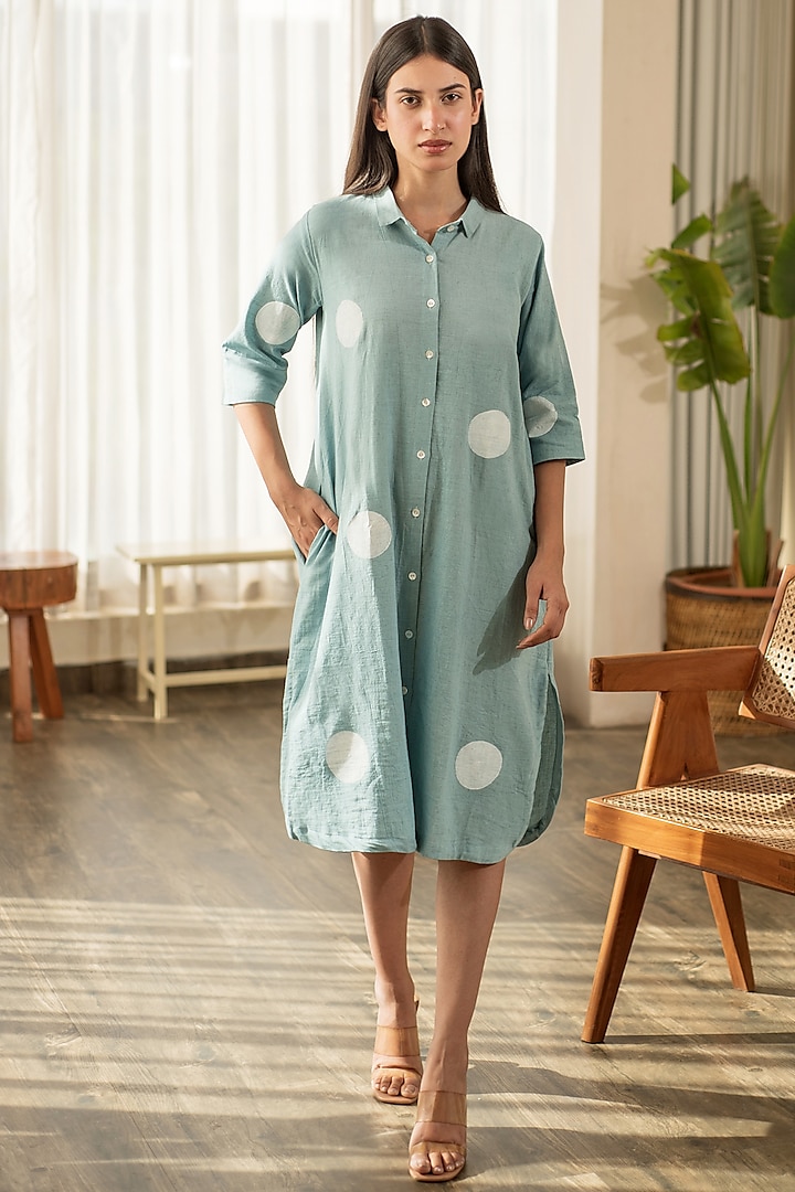 Blue Cotton Linen Shirt Dress by Merakus