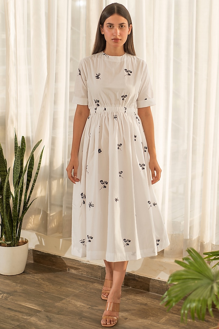 White Cotton Poplin Printed Tiered Dress by Merakus