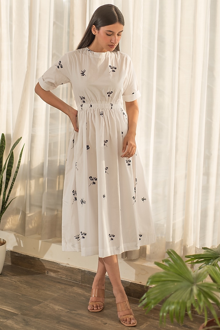 White Cotton Poplin Printed Tiered Summer Dress by Merakus at Pernia's Pop Up Shop