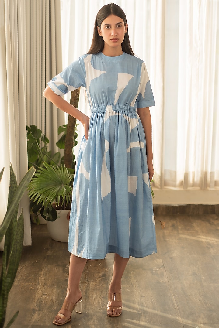 Blue Cotton Poplin Printed Dress by Merakus