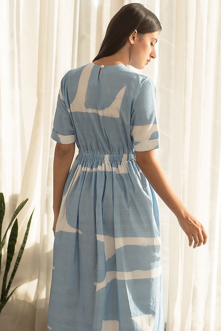 Blue Cotton Poplin Printed Summer Dress by Merakus at Pernia's Pop Up Shop