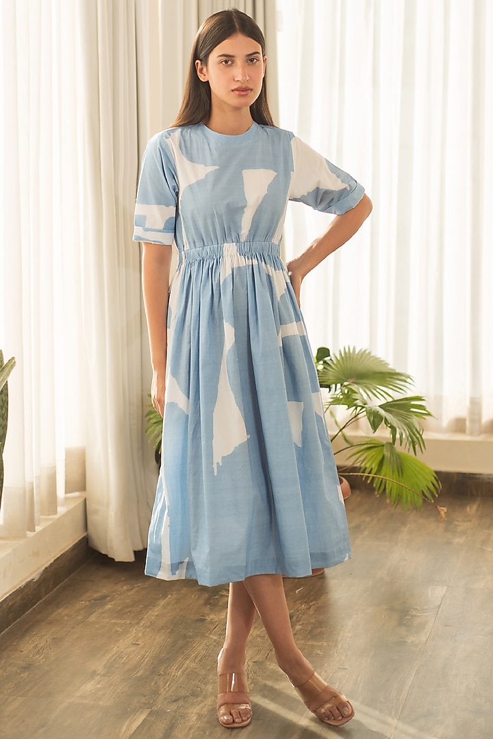 Blue Cotton Poplin Printed Summer Dress by Merakus at Pernia's Pop Up Shop