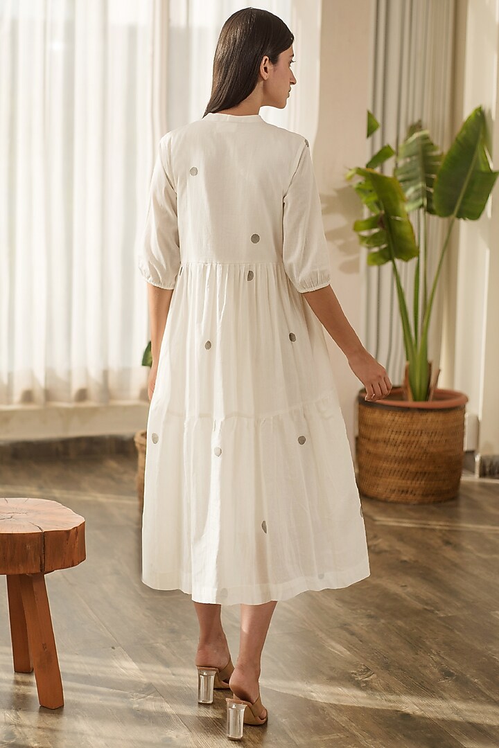 White Cotton Hand Block Printed Tiered Summer Dress by Merakus at Pernia's Pop Up Shop
