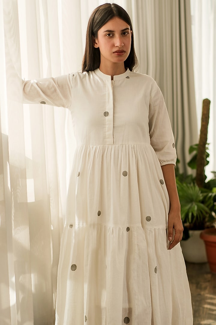 White Cotton Hand Block Printed Tiered Summer Dress by Merakus at Pernia's Pop Up Shop