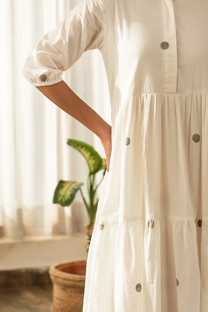 White Cotton Hand Block Printed Tiered Summer Dress by Merakus at Pernia's Pop Up Shop