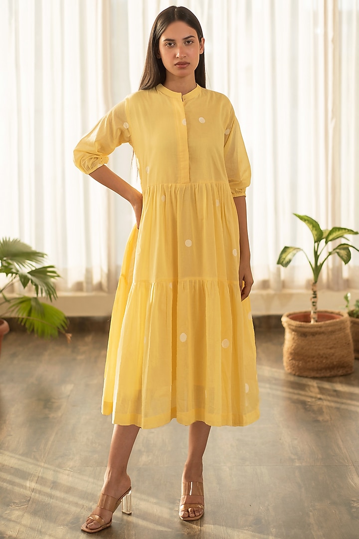 Yellow Cotton Hand Block Printed Tiered Dress by Merakus