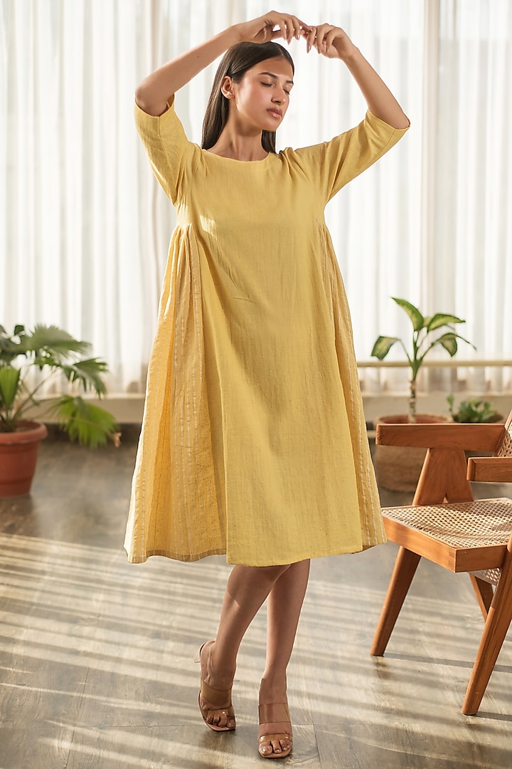 Yellow Cotton Linen Hand Block Printed  Gathered Dress by Merakus