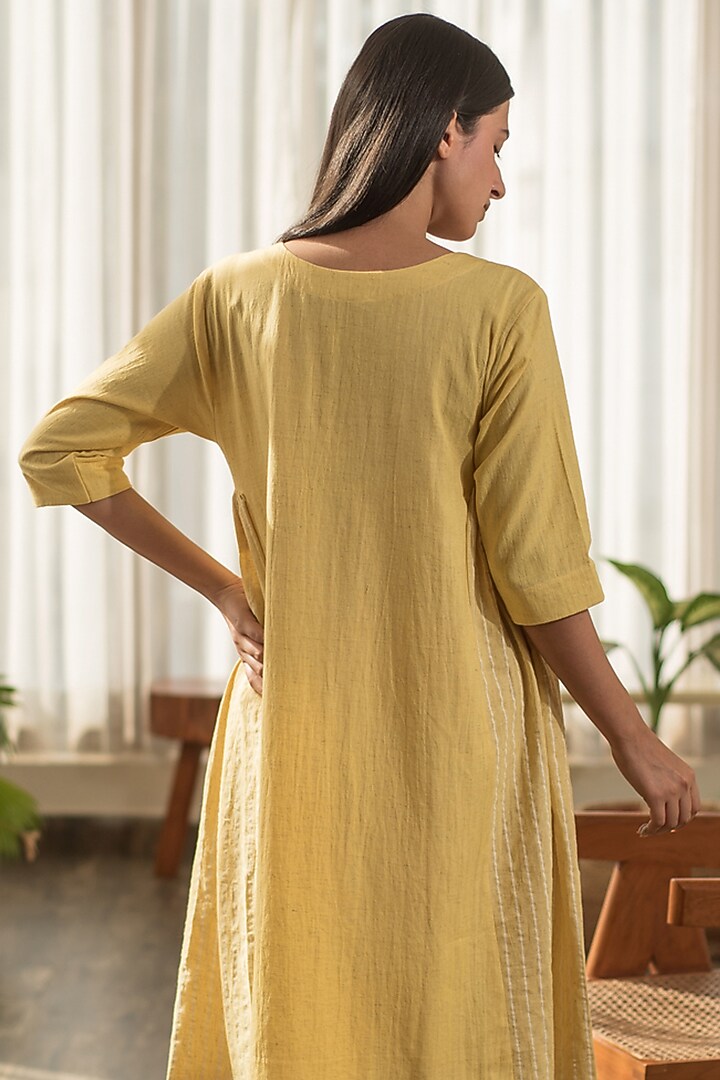 Yellow Cotton Linen Hand Block Printed  Gathered Summer Dress by Merakus at Pernia's Pop Up Shop