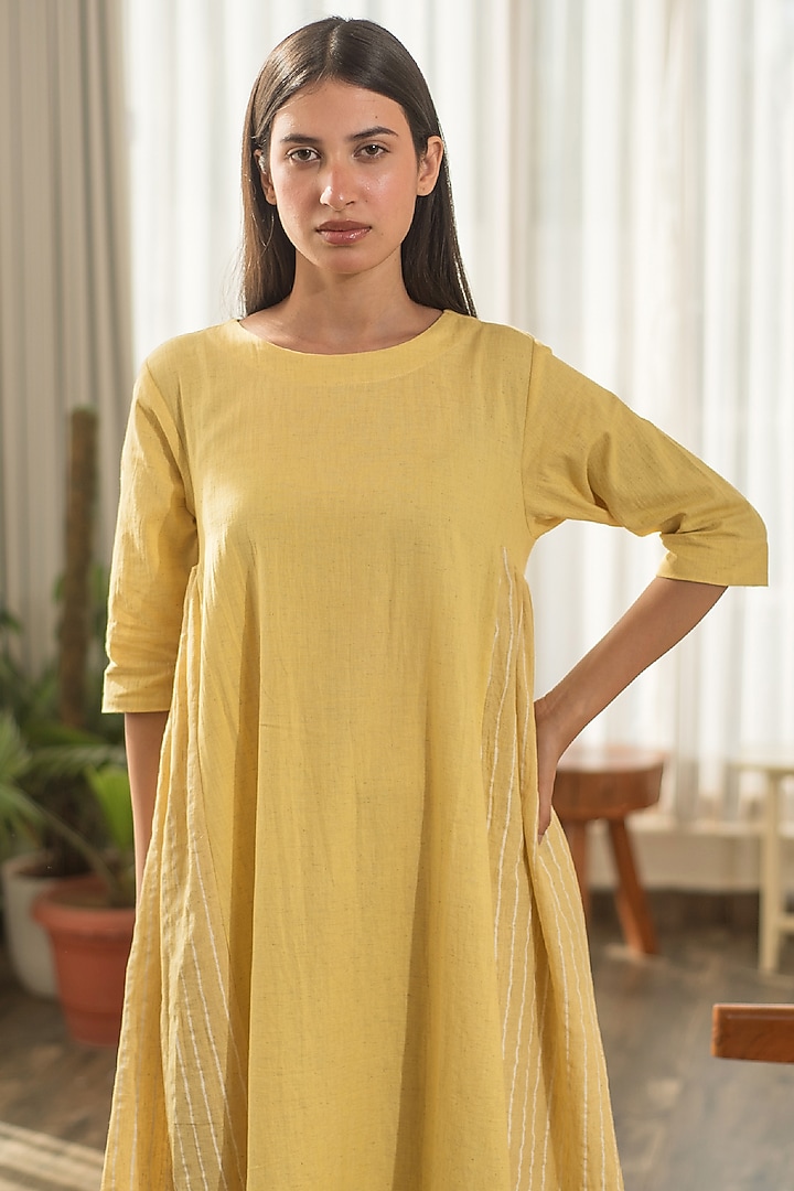 Yellow Cotton Linen Hand Block Printed  Gathered Summer Dress by Merakus at Pernia's Pop Up Shop