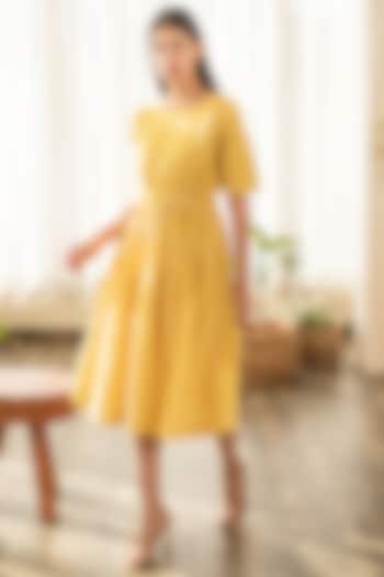 Yellow Cotton Poplin Hand Block Printed Dress by Merakus