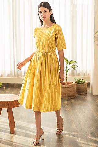 Yellow Cotton Poplin Hand Block Printed Dress by Merakus