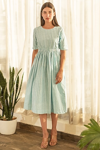Blue Cotton Poplin Hand Block Printed Dress by Merakus