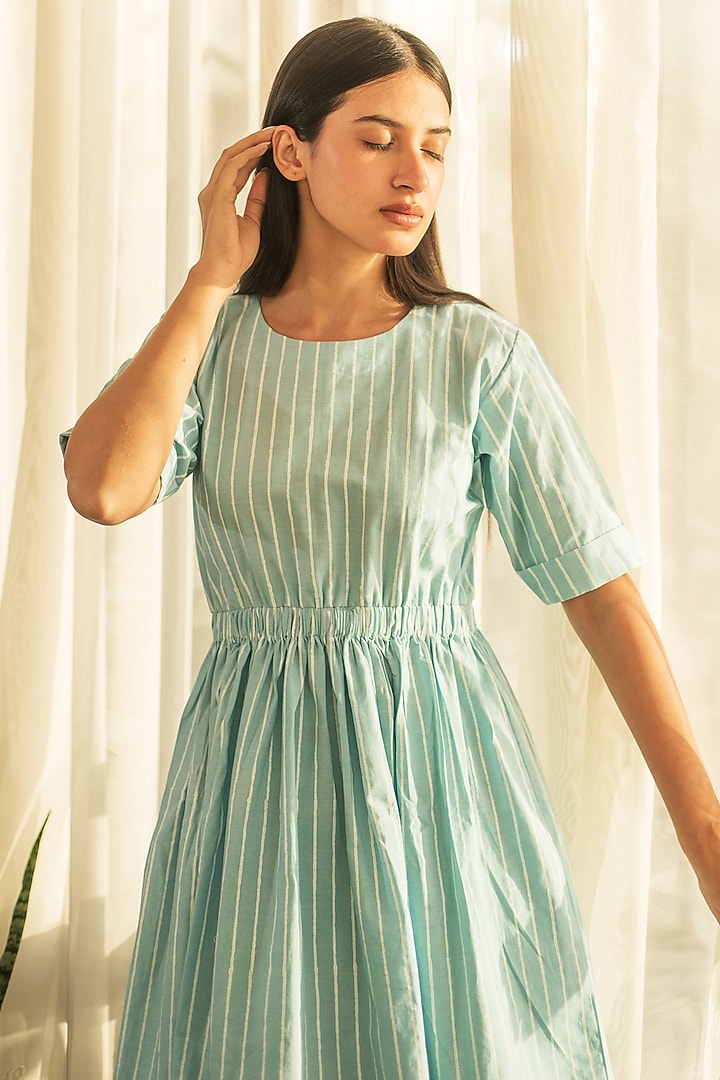 Blue Cotton Poplin Hand Block Printed Summer Dress by Merakus at Pernia's Pop Up Shop