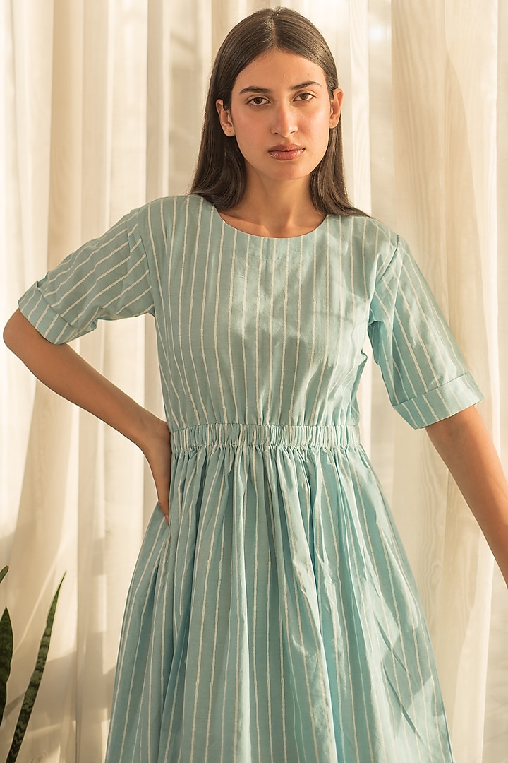 Blue Cotton Poplin Hand Block Printed Summer Dress by Merakus at Pernia's Pop Up Shop