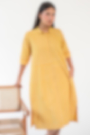 Yellow Cotton Poplin Hand Block Printed Shirt Dress by Merakus