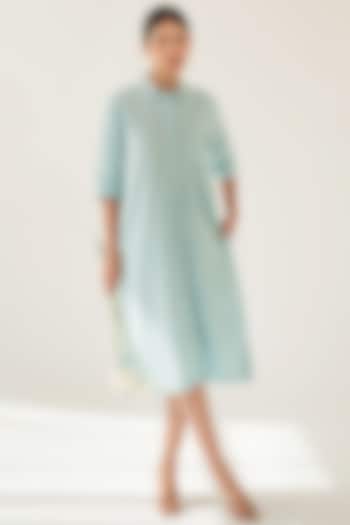 Blue Cotton Poplin Hand Block Printed Shirt Dress by Merakus