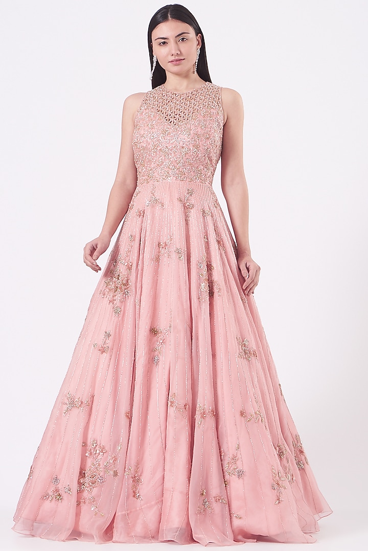 Light Rose Pink Embroidered Wedding Gown by Mirroir at Pernia's Pop Up Shop