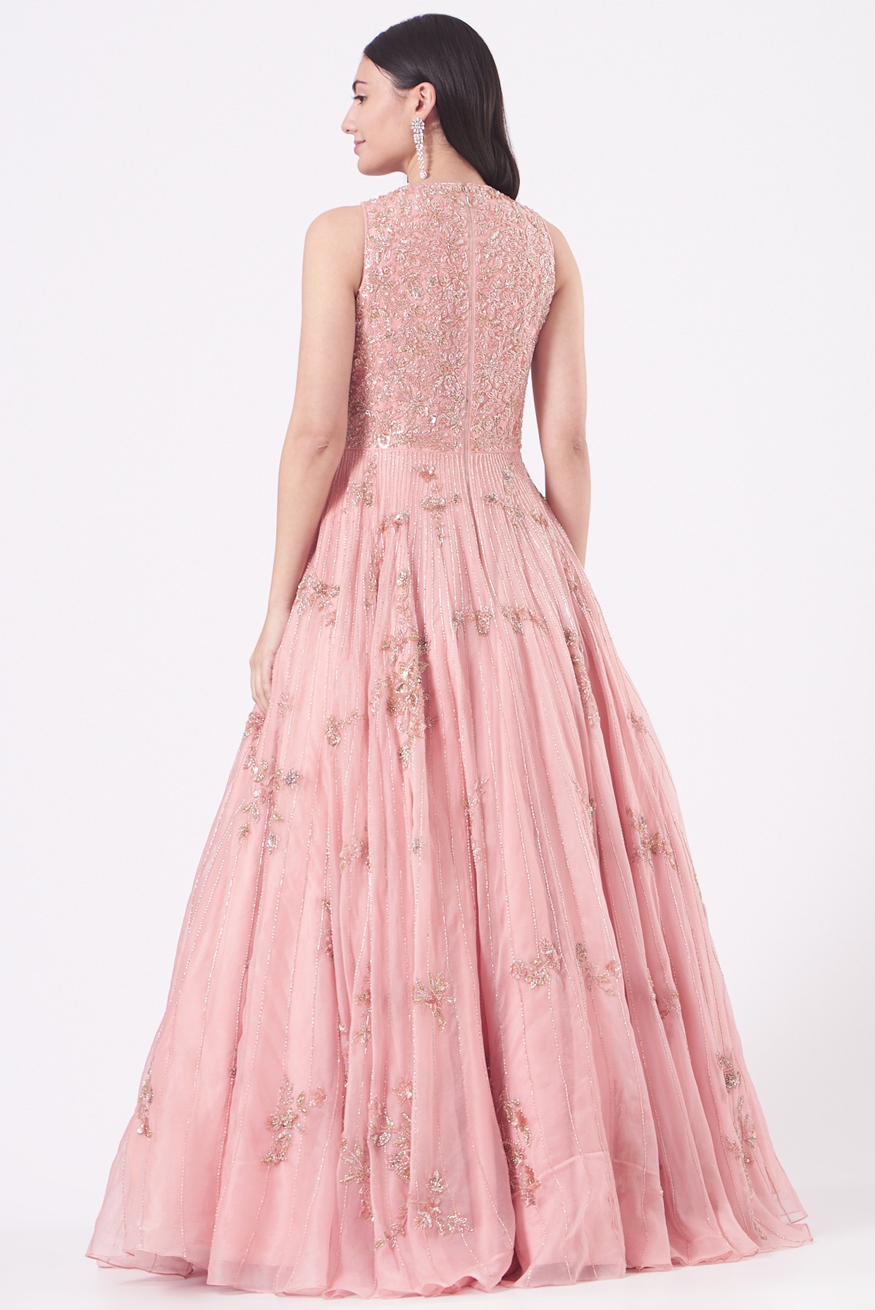 Pastel Green Classic Tulle Gown Set with Hand-Embroidered Floral Motifs and  Bodice - Seasons India