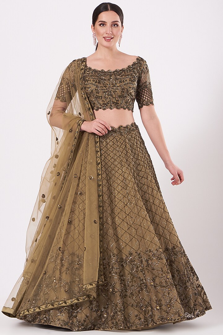 Olive Green Embroidered Wedding Lehenga Set by Mirroir at Pernia's Pop Up Shop