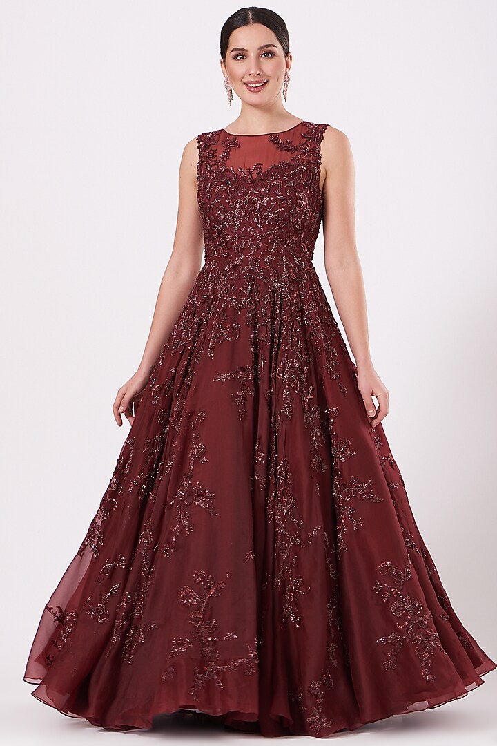 Maroon Embellished Gown by Mirroir