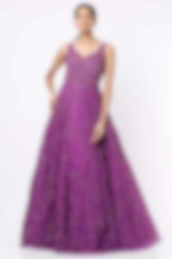 Deep Magenta Embroidered Gown by Mirroir