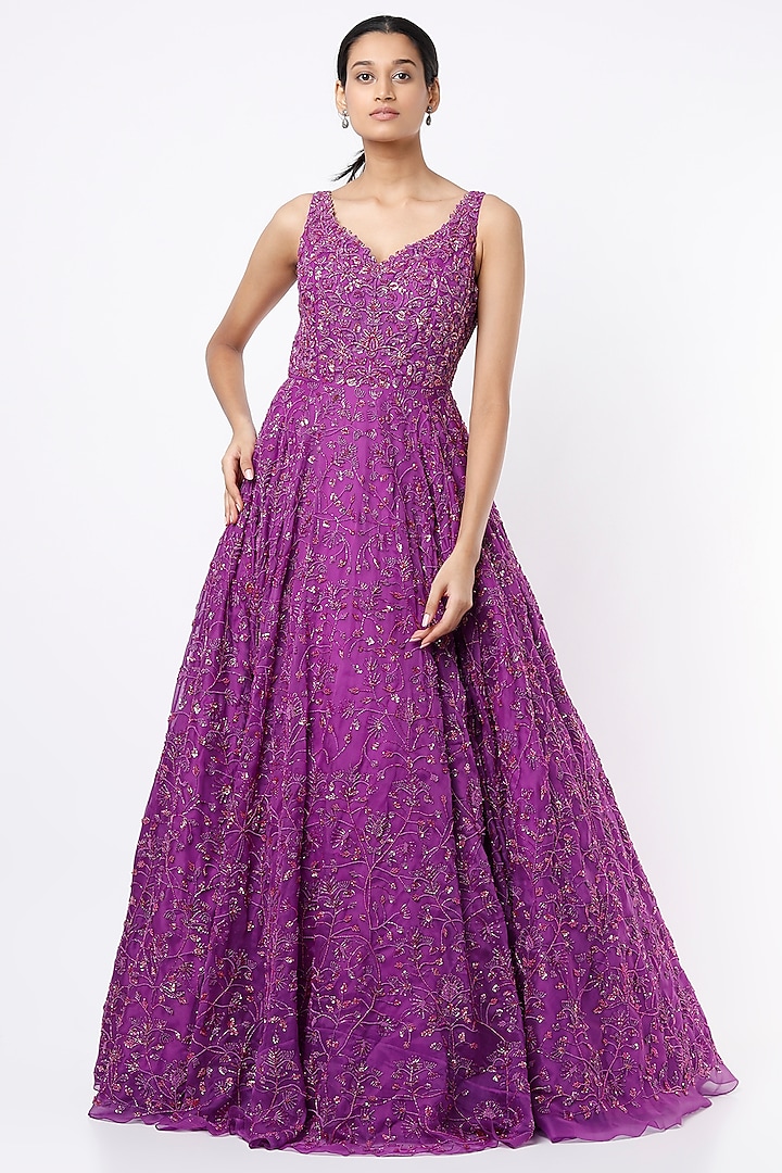Deep Magenta Embroidered Gown by Mirroir