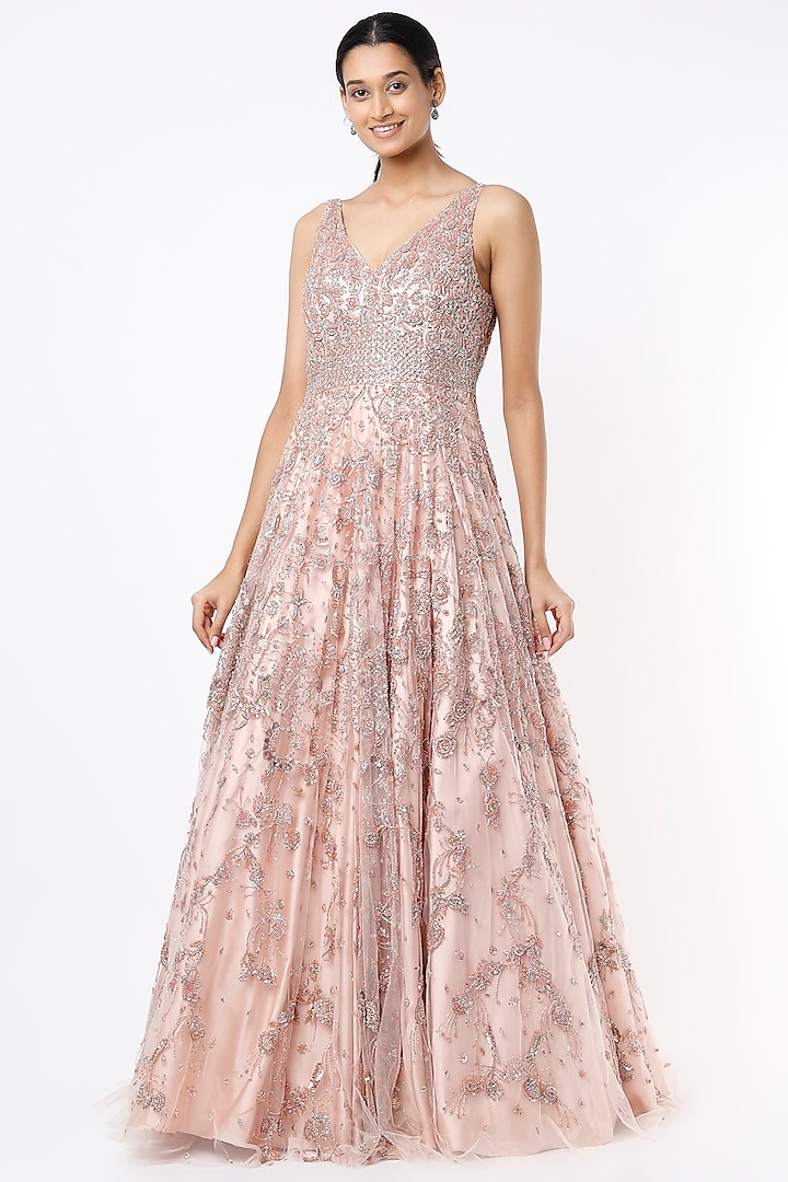 Peach Embroidered Gown by Mirroir