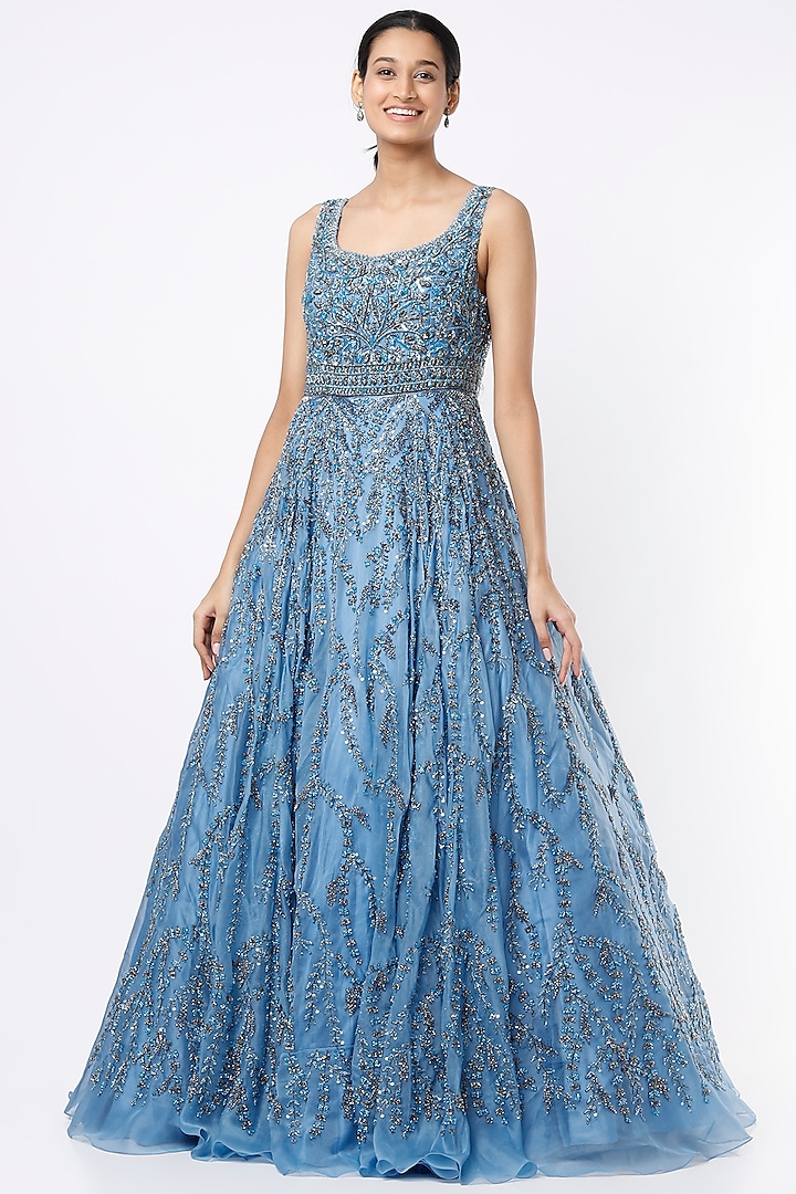 Steel Blue Embroidered Gown by Mirroir