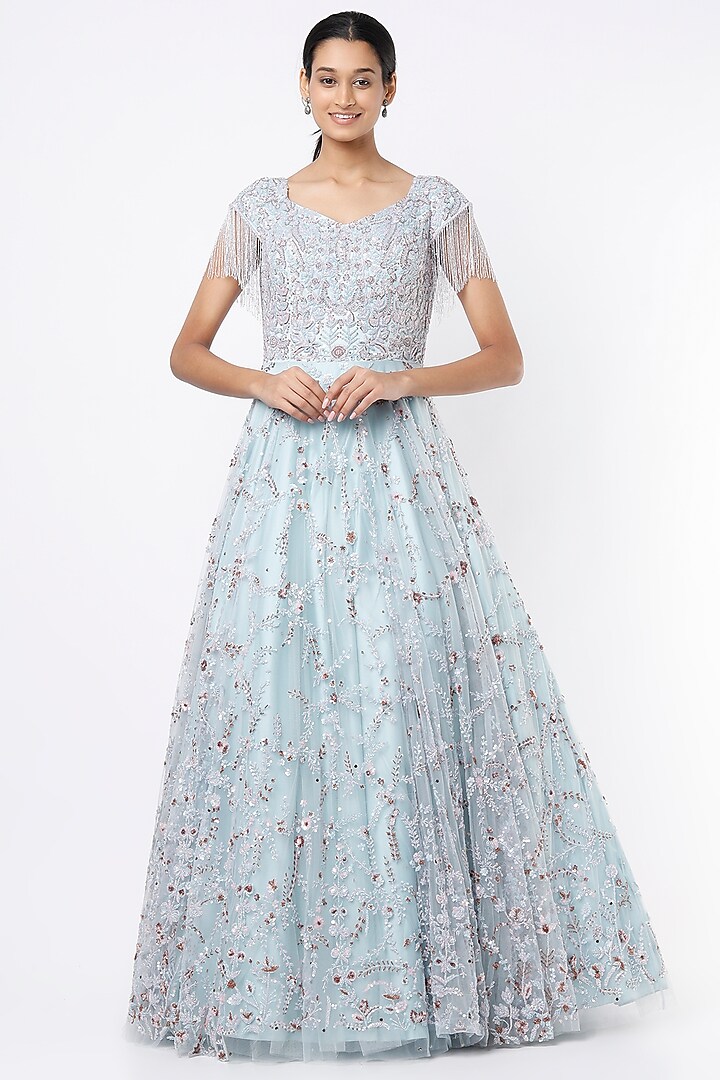 Ice Blue Embroidered Gown by Mirroir