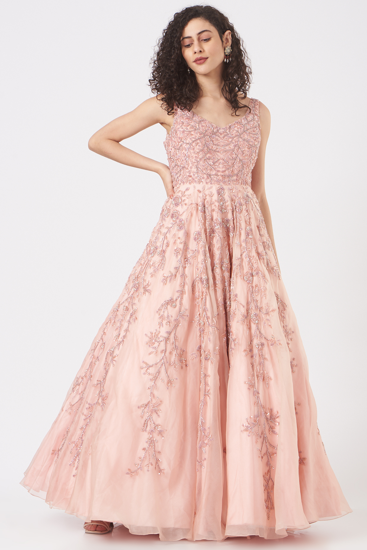 Peach Organza Embroidered Gown by Mirroir