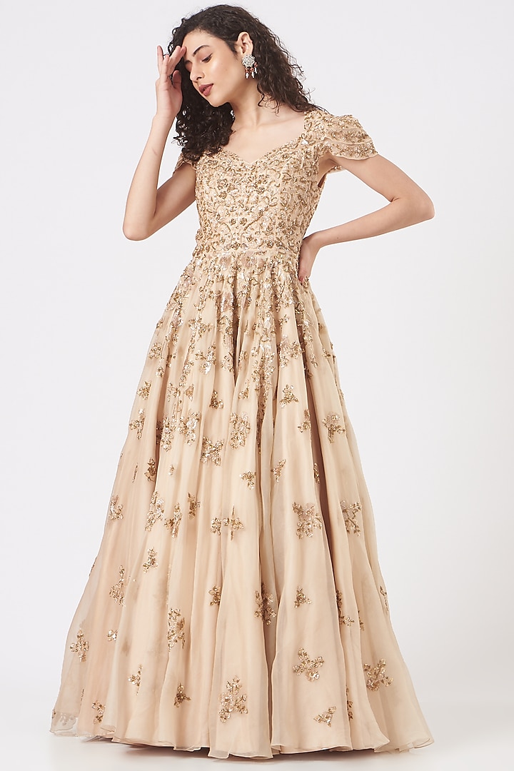 Beige Embroidered Gown by Mirroir at Pernia's Pop Up Shop 2025