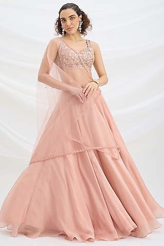 Peach Viscose Tissue Cutdana Embroidered Lehenga Set by Mirroir