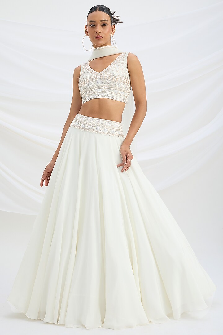 Ivory Viscose Crepe Embroidered Wedding Lehenga Set by Mirroir at Pernia's Pop Up Shop