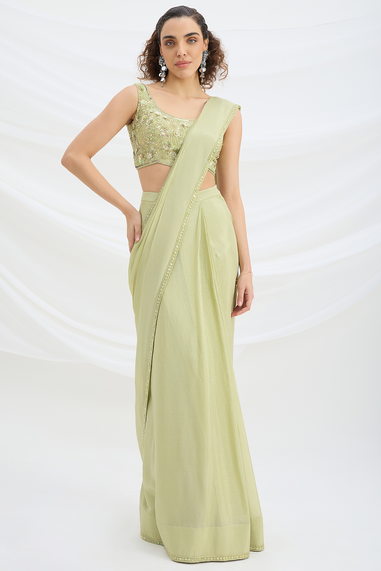 Sage Green Chiffon Draped Wedding Saree Set by Mirroir at Pernia's Pop Up Shop