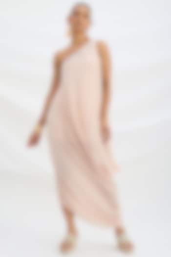 Light Pink Viscose Crepe Sequin Embroidered One-Shoulder Draped Summer Dress by Mirroir at Pernia's Pop Up Shop